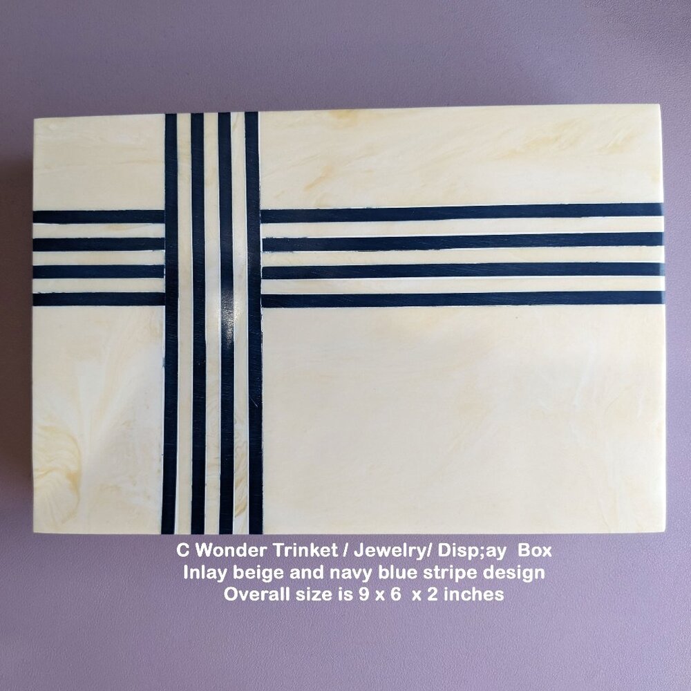 C Wonder Trinket / Jewelry Box, Inlay beige & blue stripe design, 9 x 6  x 2"